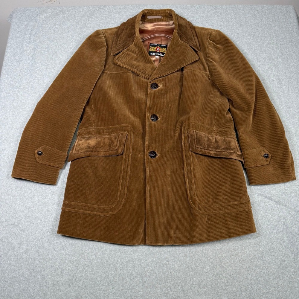 Vintage 70s Cortefiel Corduroy Car Coat Mens 42 Brown Suede Trim Jacket Spain